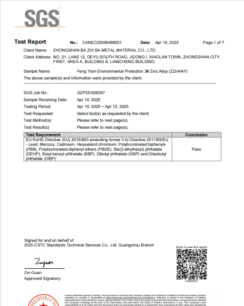 Zinc alloy raw material Test Report